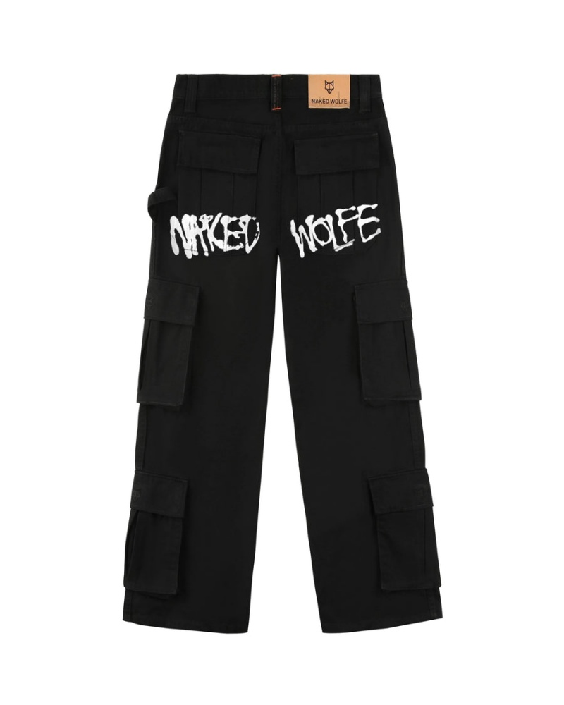 Naked Wolfe Baggy Pocket Cargo Logo Muške Hlače Crne | XFE8216FI