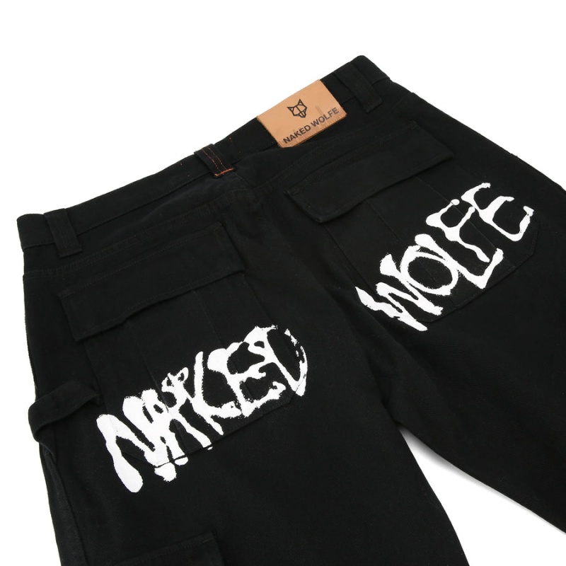 Naked Wolfe Baggy Pocket Cargo Logo Muške Hlače Crne | XFE8216FI